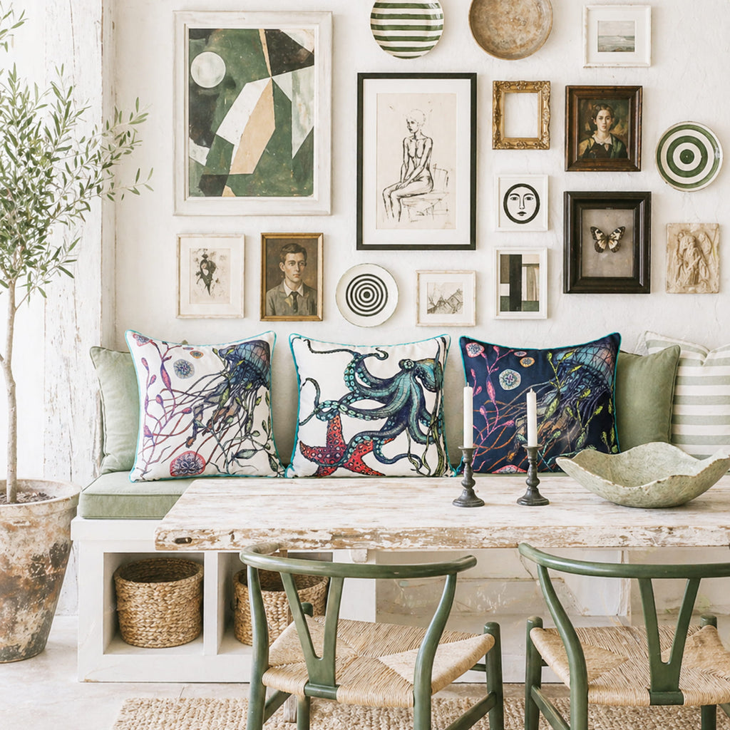Decorative living room with colorful pillows, framed art, and a wooden table.