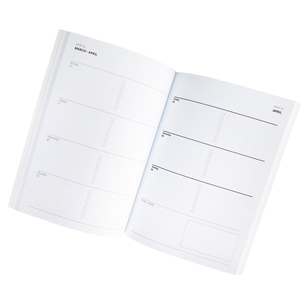 Inside pages of Cream Cornwall 2026 reef diary showing weekly planner layout with to-do list and notes section.