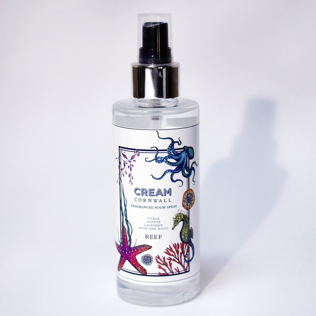 Fragrance Room Spray glass bottle with atomiser top,Reef logo on label.