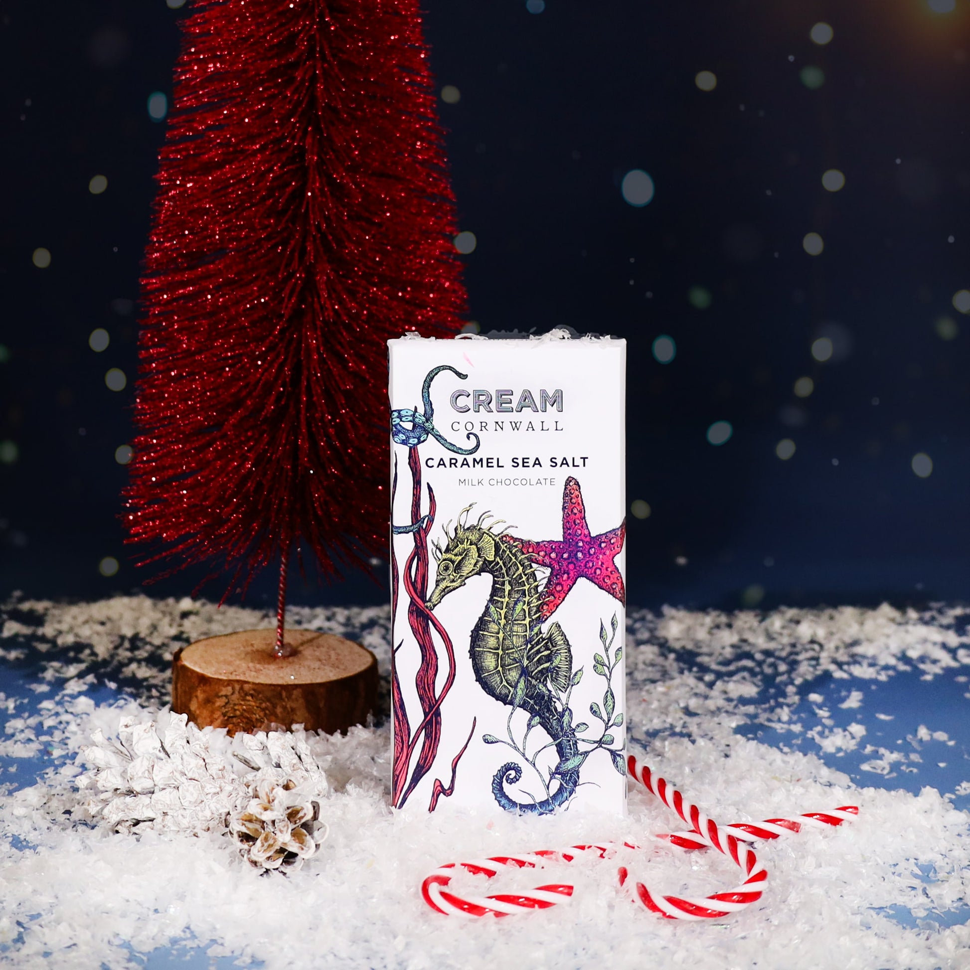 Festive display featuring a Cream Cornwall Caramel Sea Salt milk chocolate bar decorated with an illustrated seahorse, starfish, and seaweed, set among faux snow, red and white candy canes, and a small red Christmas tree with twinkling lights in the background.