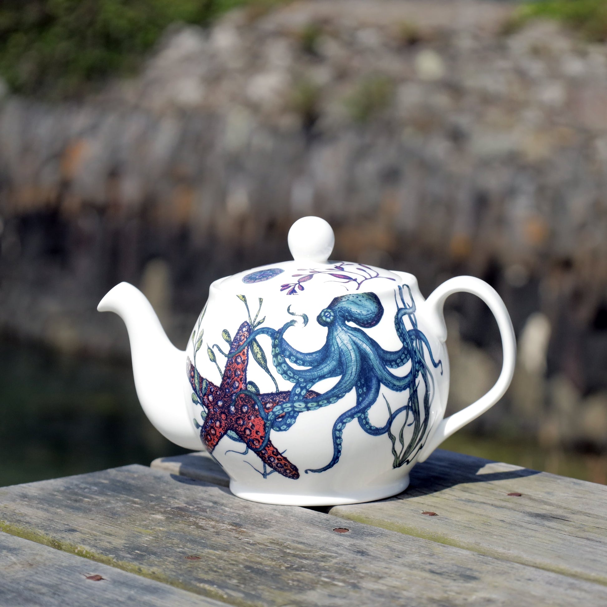 White ceramic teapot with a detailed marine-themed design featuring a blue octopus, a red starfish, and sea plants, photographed outdoors on a wooden surface with a rocky background.