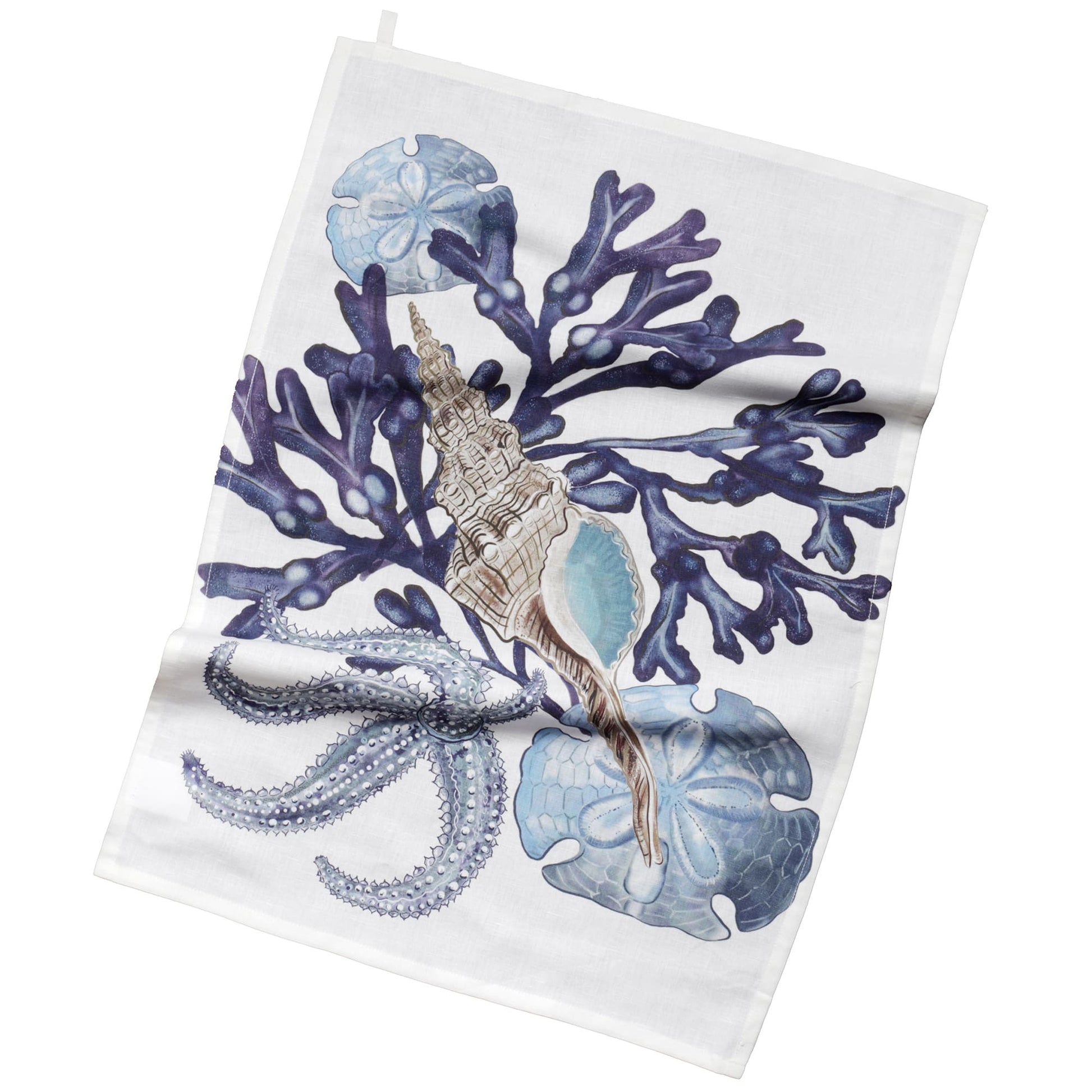 Tea towel featuring a coastal-themed design with illustrations of blue seaweed, sand dollars, a starfish, and a detailed seashell. The marine-inspired artwork is in shades of blue and beige on a white background, evoking an underwater aesthetic