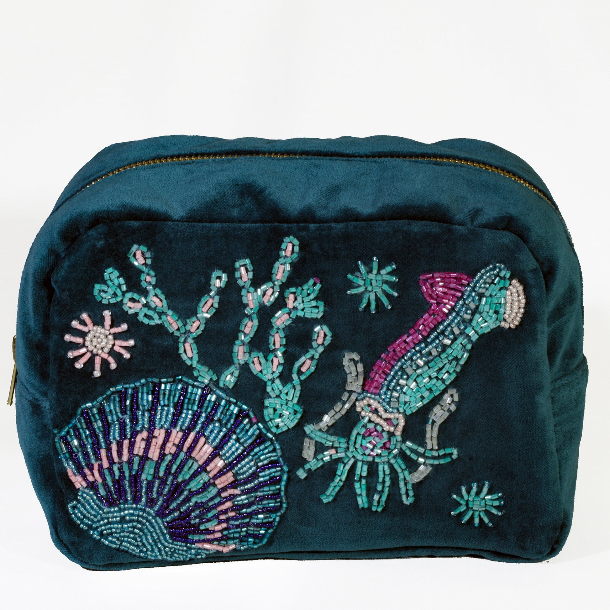 Teal pouch with beaded sea-themed design on a white background