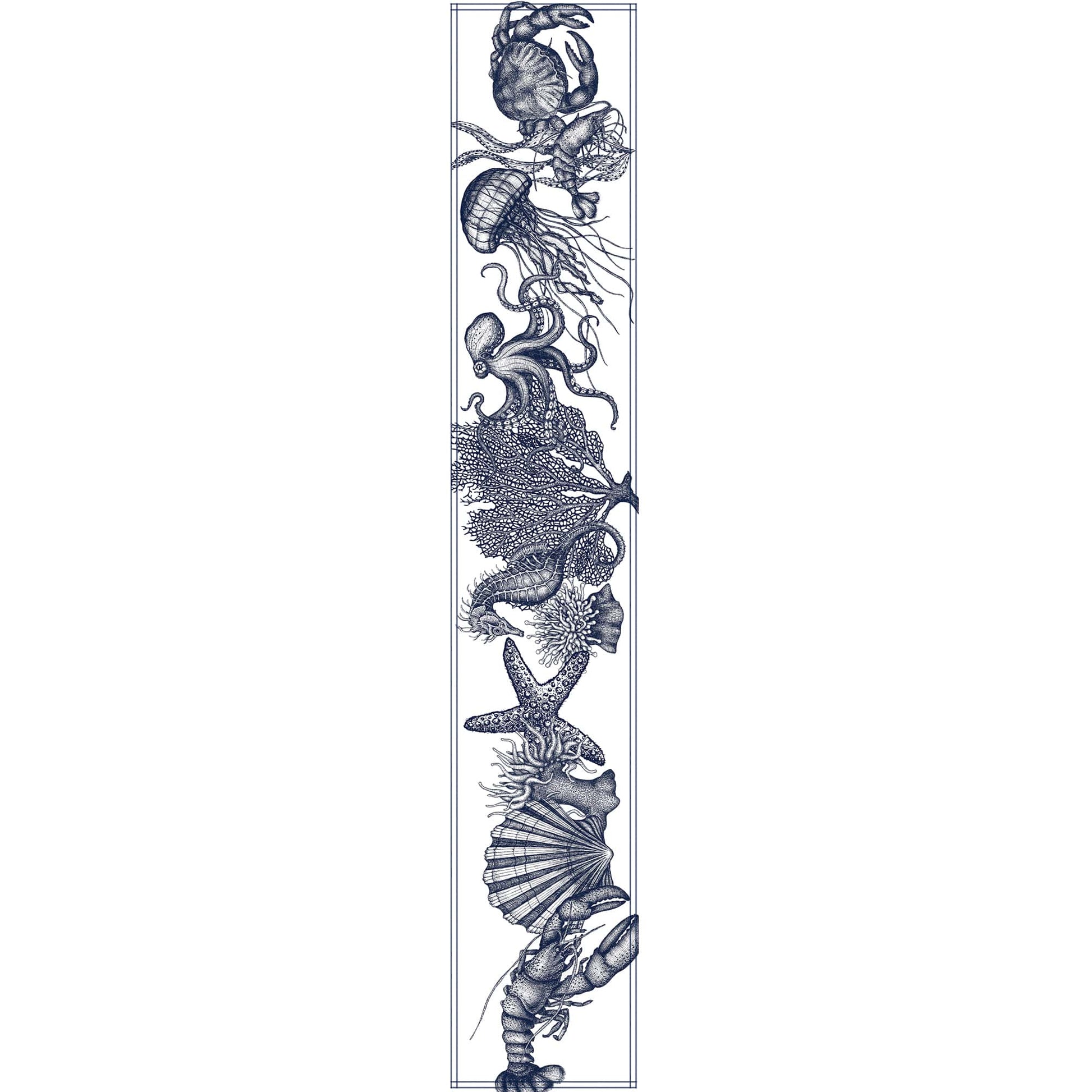 Cotton and Linen mix table runner with hand drawn illustrations of Navy Octopus,Crab,Seahorse and others from our classic sea creatures in Navy on white displayed lengthwise