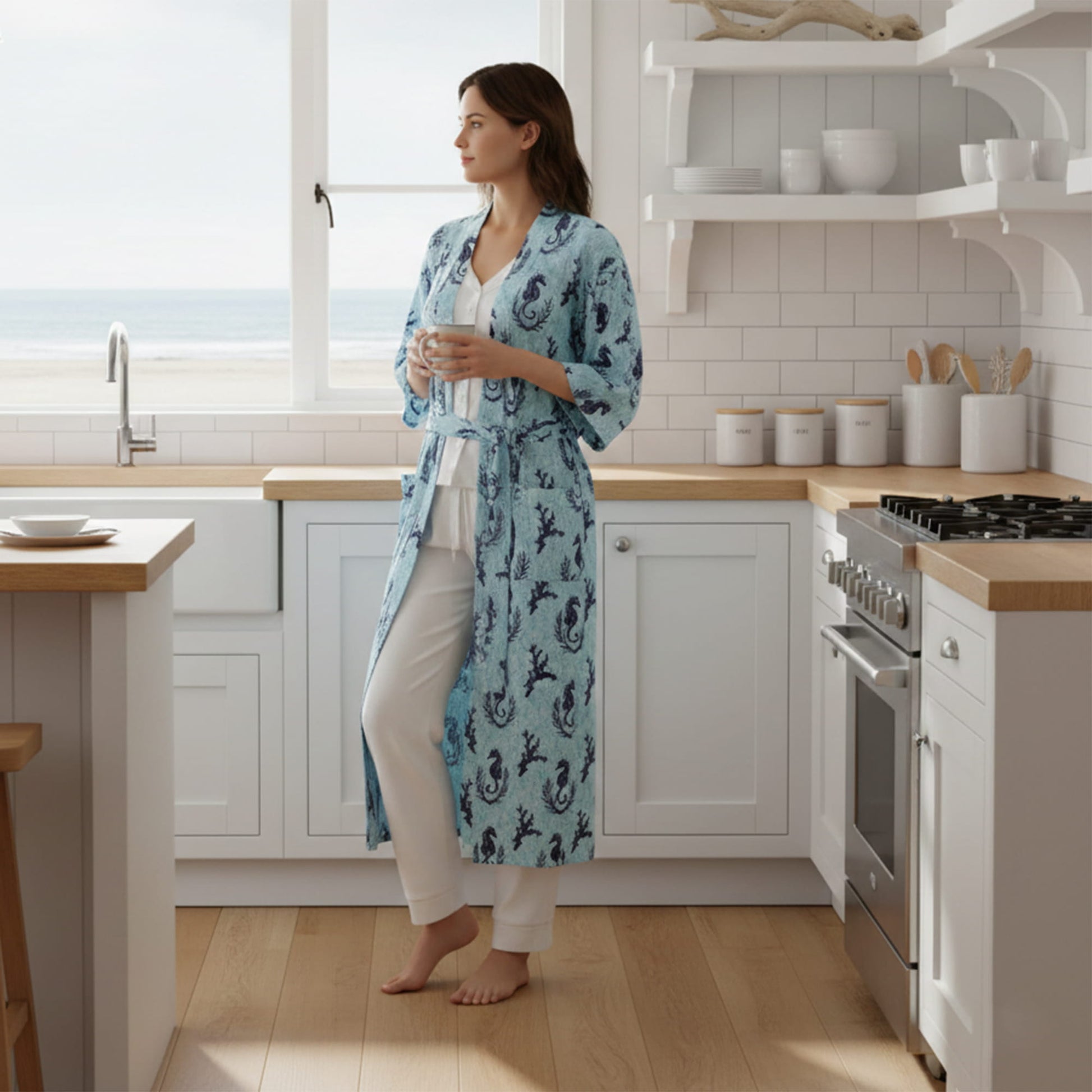 Woman in a blue patterned robe standing in a modern kitchen.