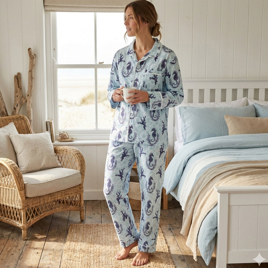 Woman in patterned pyjamas standing in a bedroom holding a mug.