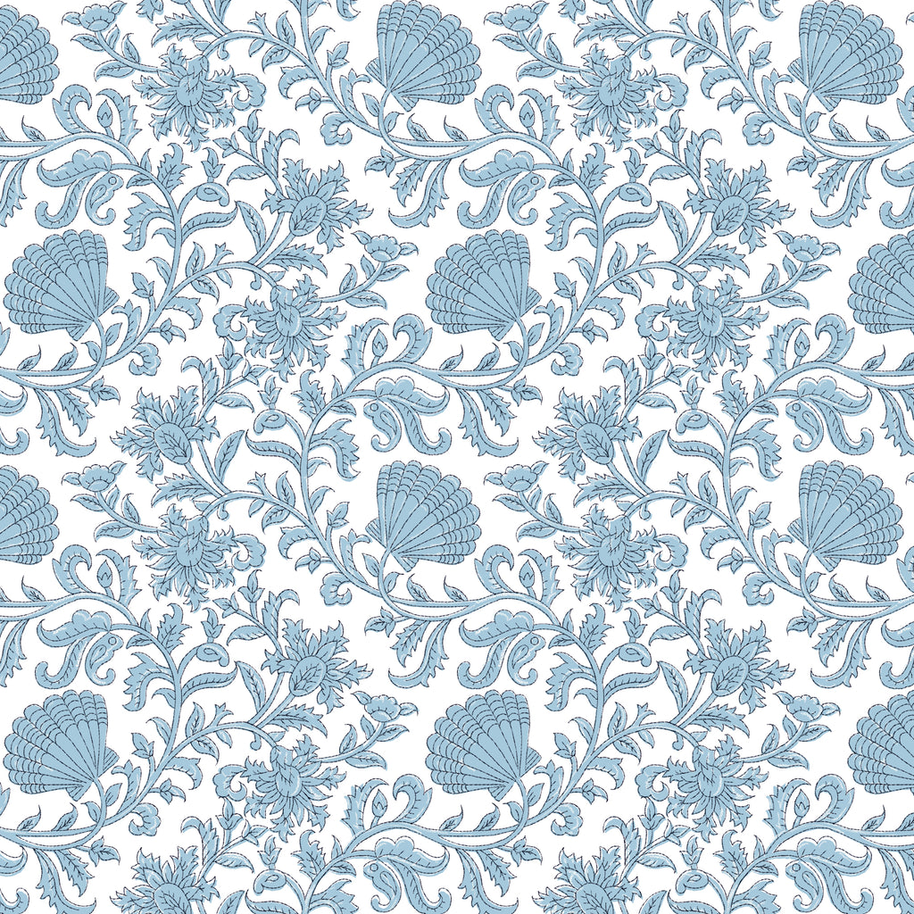 A seamless repeating fabric pattern featuring intricately illustrated seashells and floral motifs in soft blue tones on a white background. The design includes swirling vines, stylized leaves, and delicately drawn blooms, creating an elegant and coastal-inspired aesthetic.