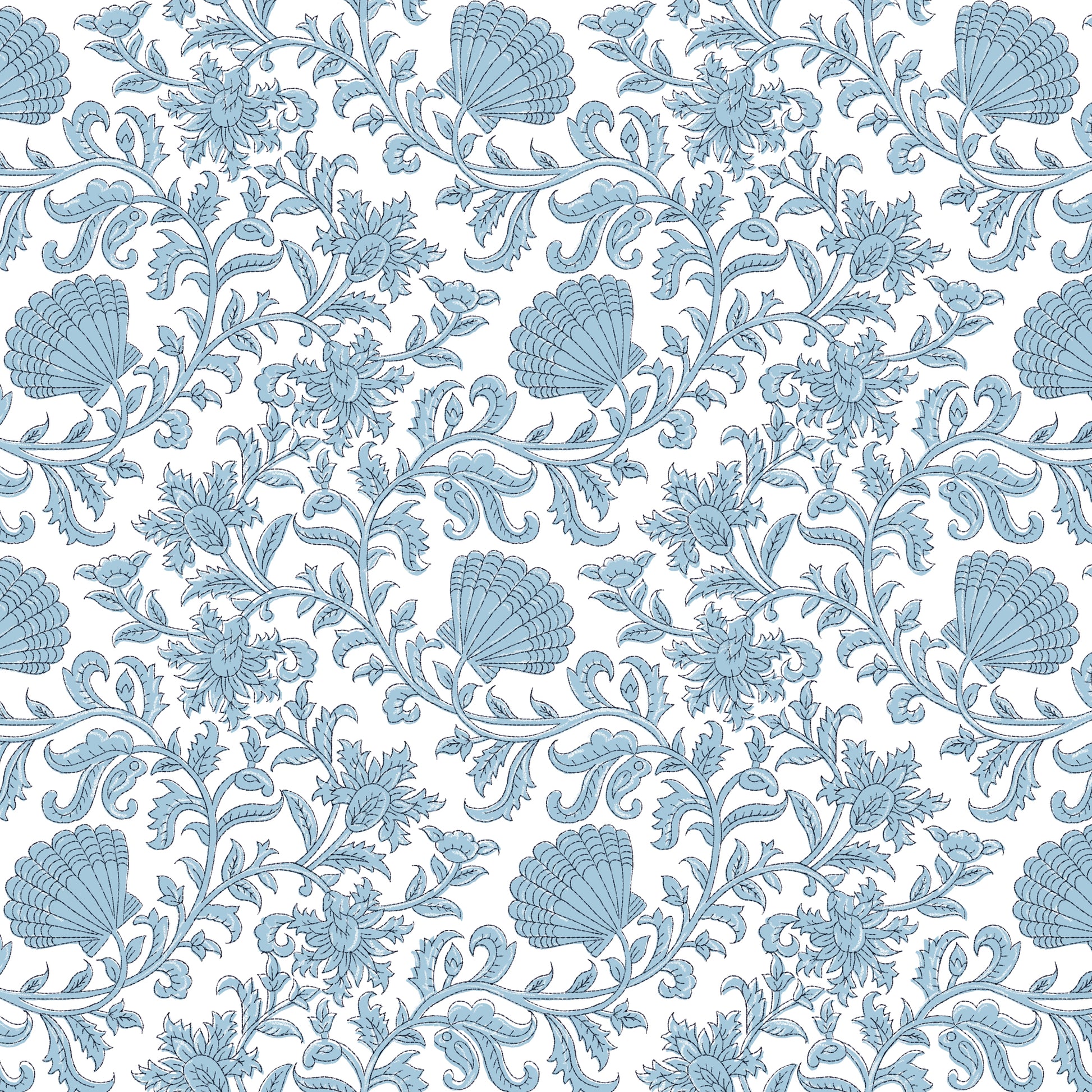 A seamless repeating fabric pattern featuring intricately illustrated seashells and floral motifs in soft blue tones on a white background. The design includes swirling vines, stylized leaves, and delicately drawn blooms, creating an elegant and coastal-inspired aesthetic.