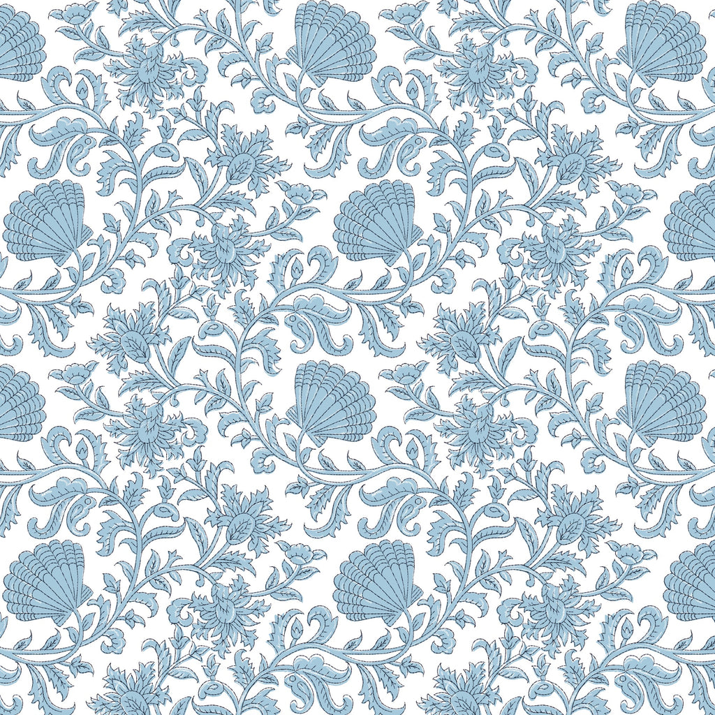 A seamless repeating fabric pattern featuring intricately illustrated seashells and floral motifs in soft blue tones on a white background. The design includes swirling vines, stylized leaves, and delicately drawn blooms, creating an elegant and coastal-inspired aesthetic.