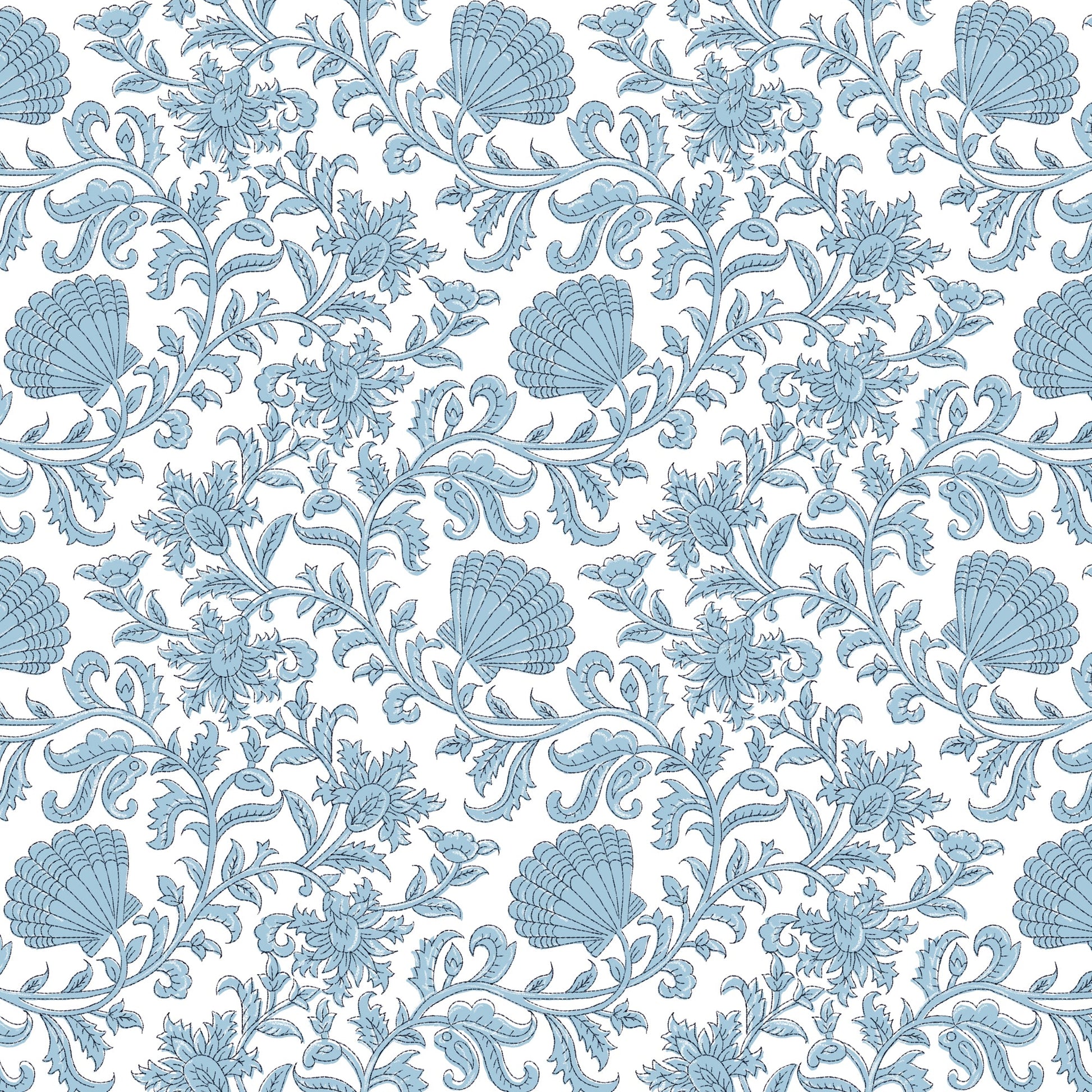 A seamless repeating fabric pattern featuring intricately illustrated seashells and floral motifs in soft blue tones on a white background. The design includes swirling vines, stylized leaves, and delicately drawn blooms, creating an elegant and coastal-inspired aesthetic.
