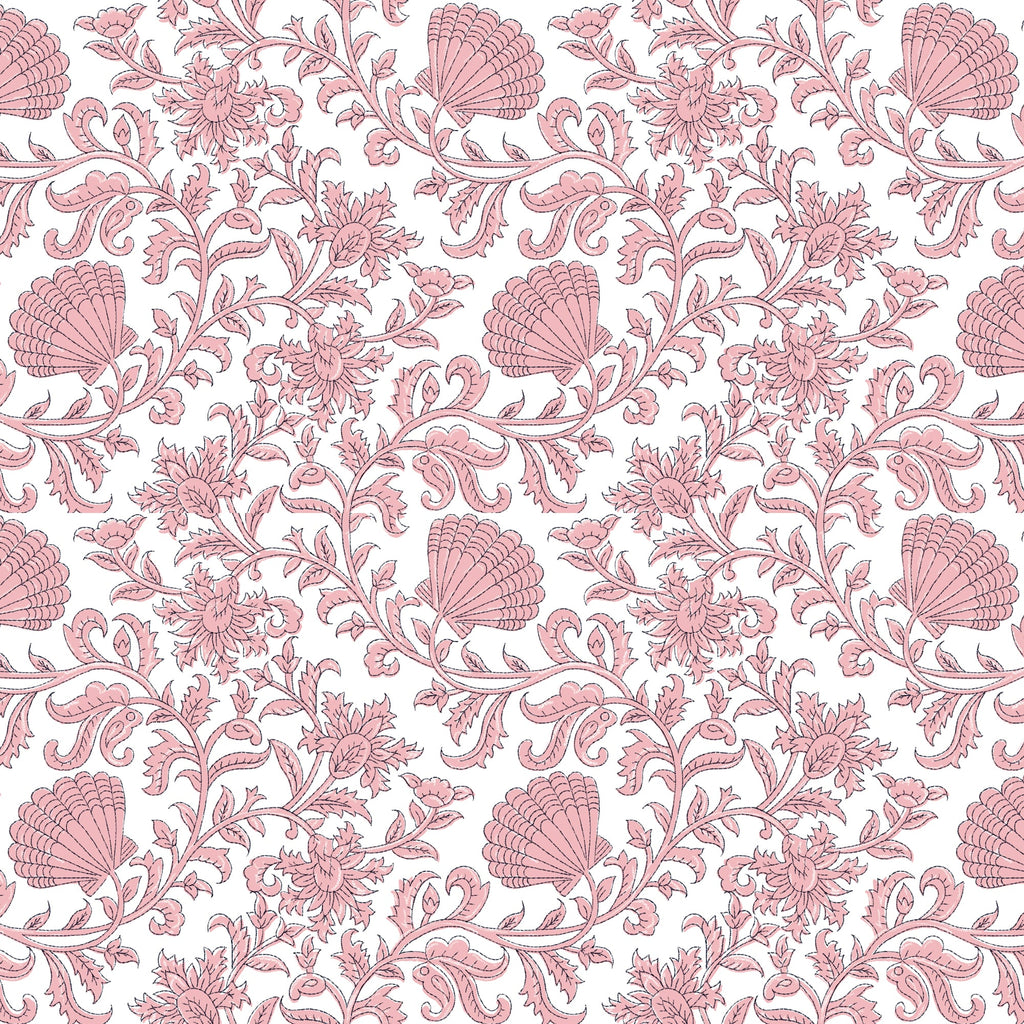 A seamless repeating fabric pattern featuring intricately illustrated seashells and floral motifs in soft blush tones on a white background. The design includes swirling vines, stylized leaves, and delicately drawn blooms, creating an elegant and coastal-inspired aesthetic.