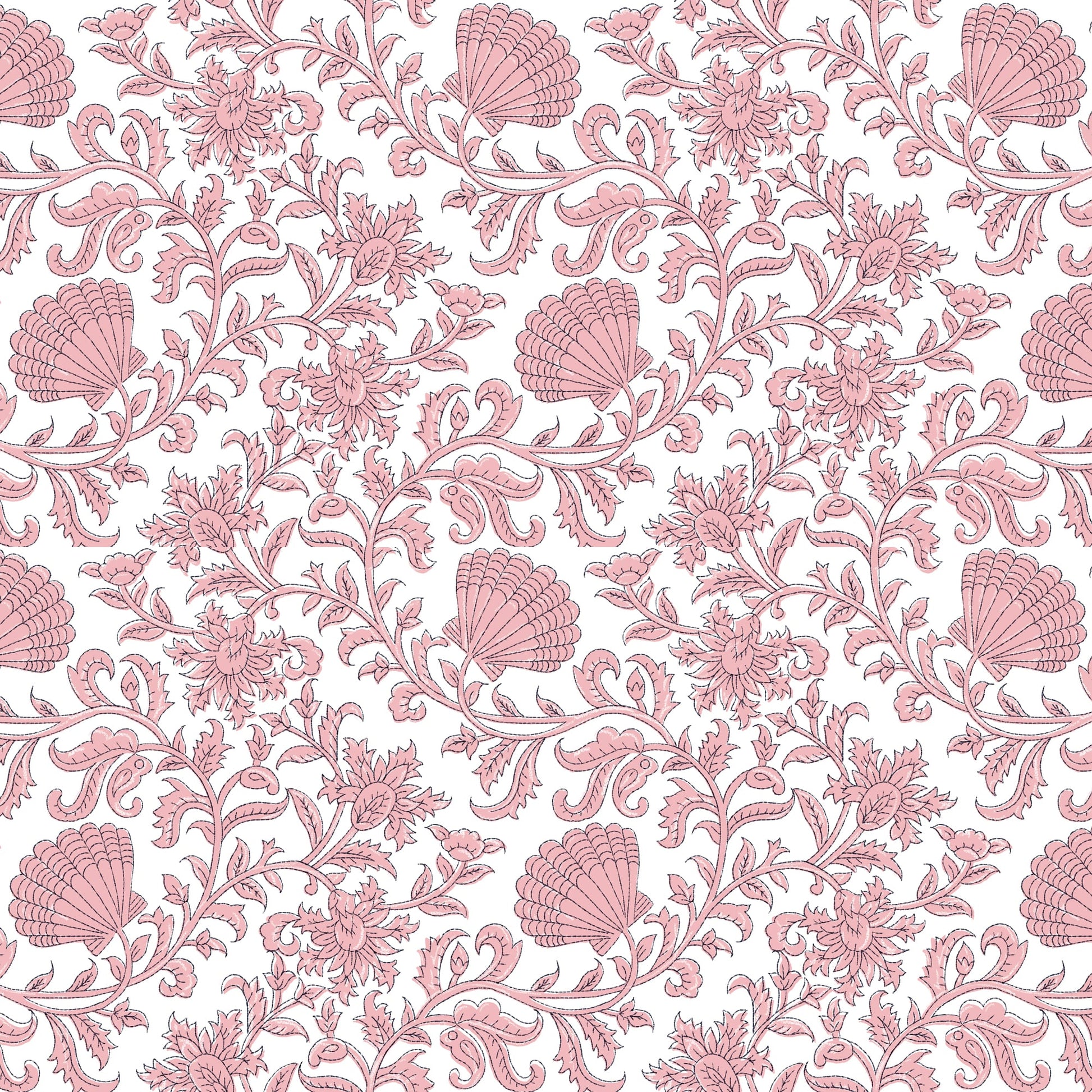 A seamless repeating fabric pattern featuring intricately illustrated seashells and floral motifs in soft blush tones on a white background. The design includes swirling vines, stylized leaves, and delicately drawn blooms, creating an elegant and coastal-inspired aesthetic.
