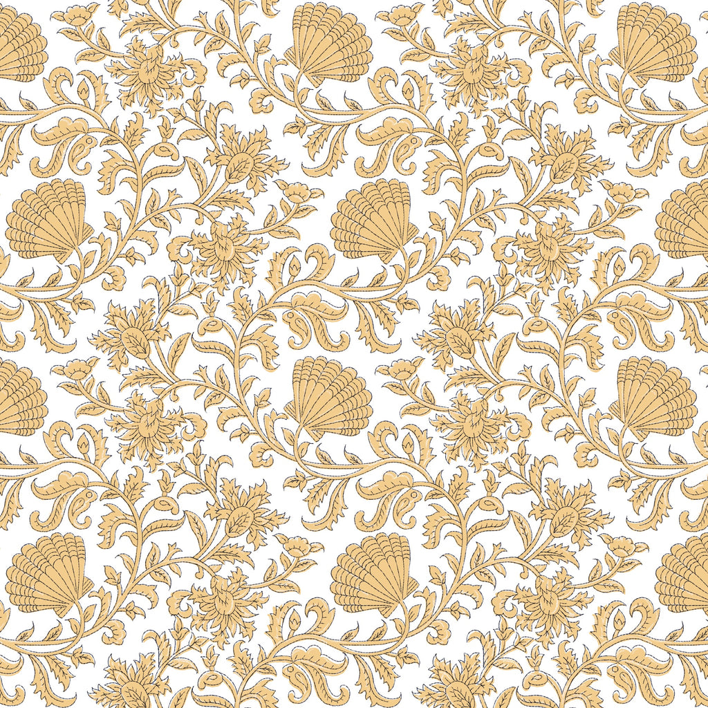A detailed repeat pattern featuring stylized golden-yellow seashells and ornate floral motifs with swirling stems and leaves on a white background. The design has a hand-drawn, block-printed aesthetic, blending marine and botanical elements in a harmonious, symmetrical layout.