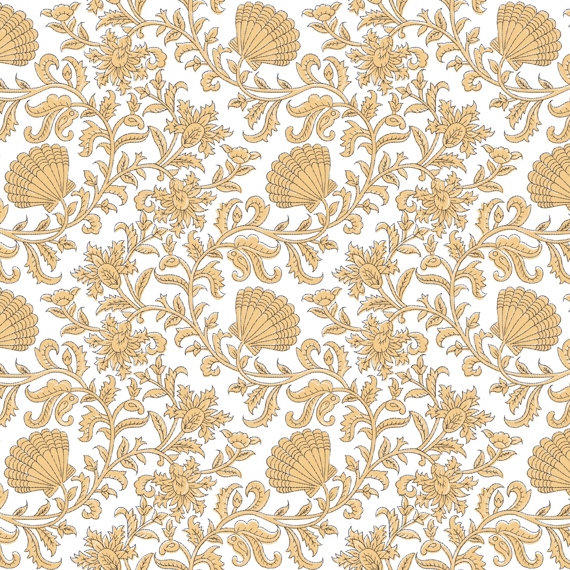 A detailed repeat pattern featuring stylized golden-yellow seashells and ornate floral motifs with swirling stems and leaves on a white background. The design has a hand-drawn, block-printed aesthetic, blending marine and botanical elements in a harmonious, symmetrical layout.