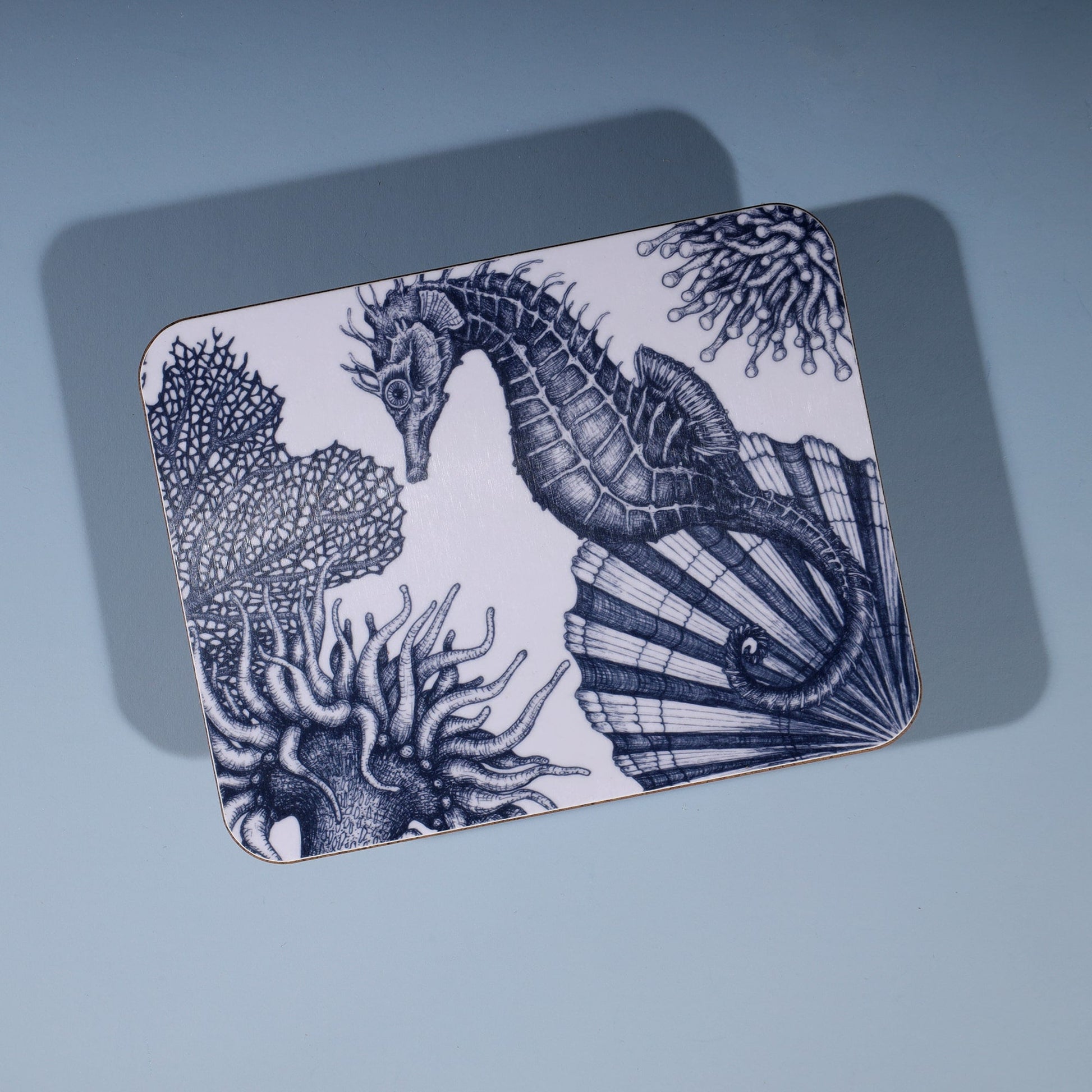 Seahorse Design in Navy on a white Coaster