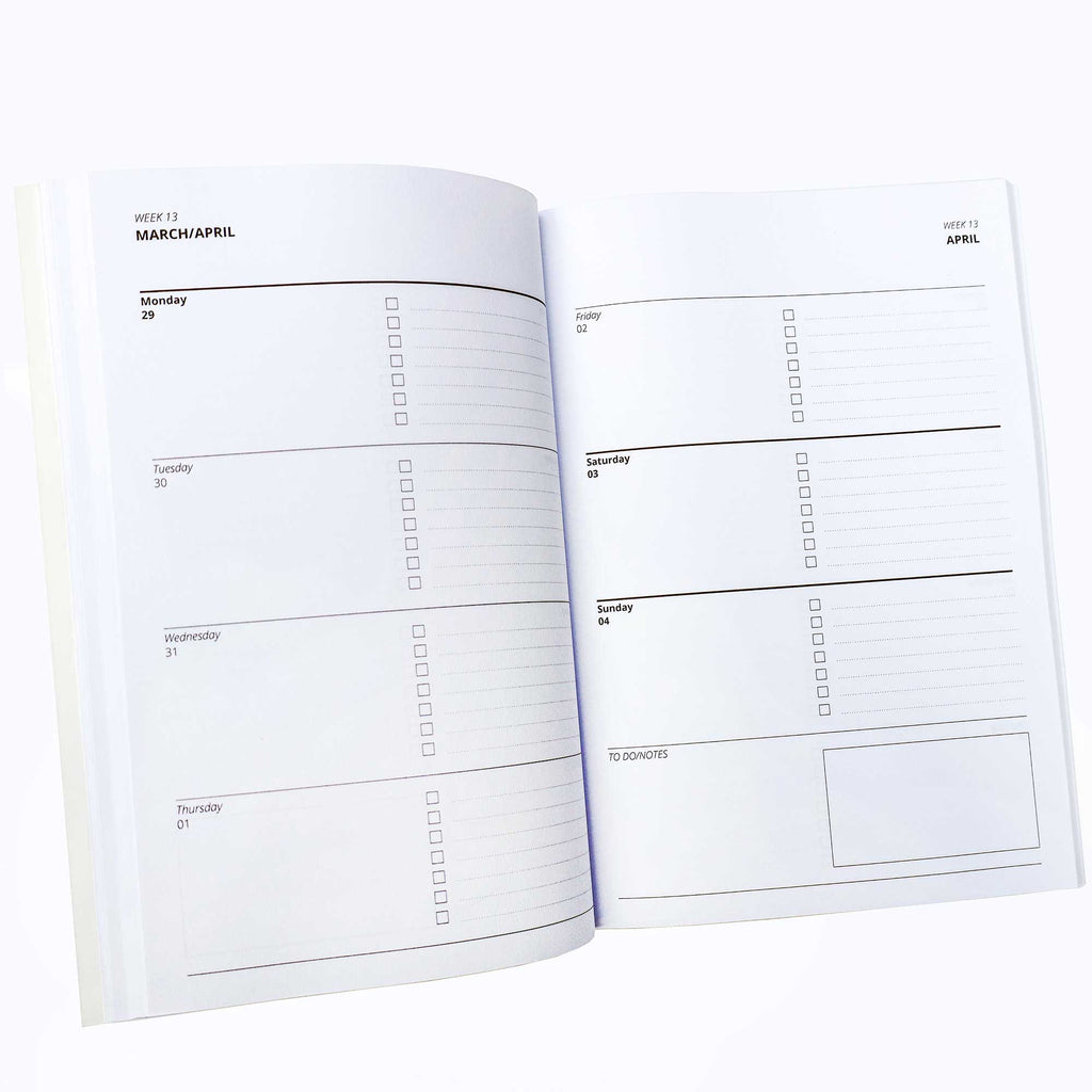 Open diary showing a weeks view across 2 pages.