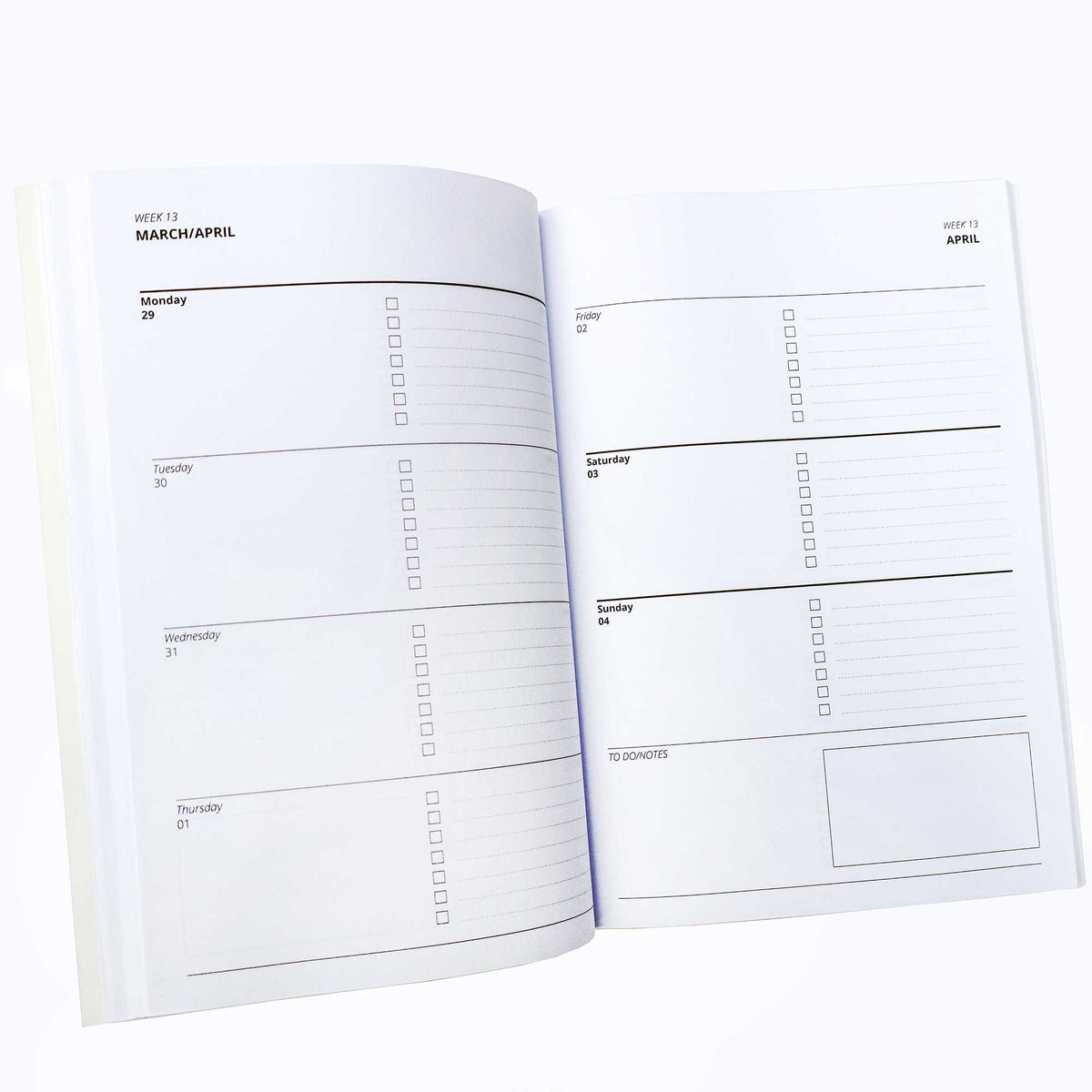 Open diary showing a weeks view across 2 pages.