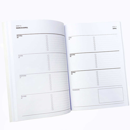 Open diary showing a weeks view across 2 pages.