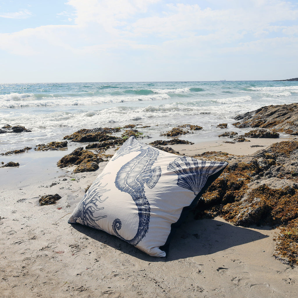 Beach scene with a decorative pillow featuring shell patterns on a rocky shoreline.