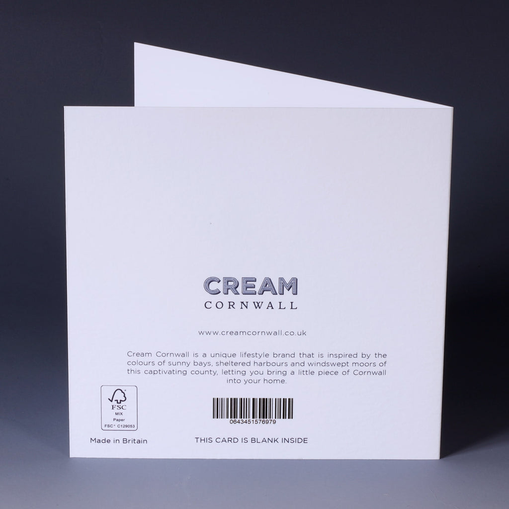 back of greeting card with illustrated navy seahorses back to back on a white background