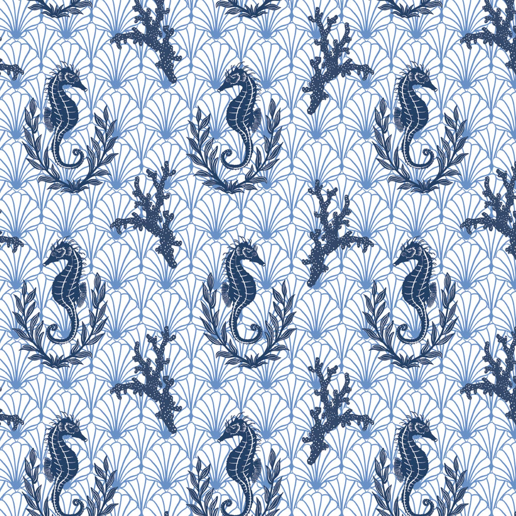 Pattern of blue seahorses and seaweed on a white background