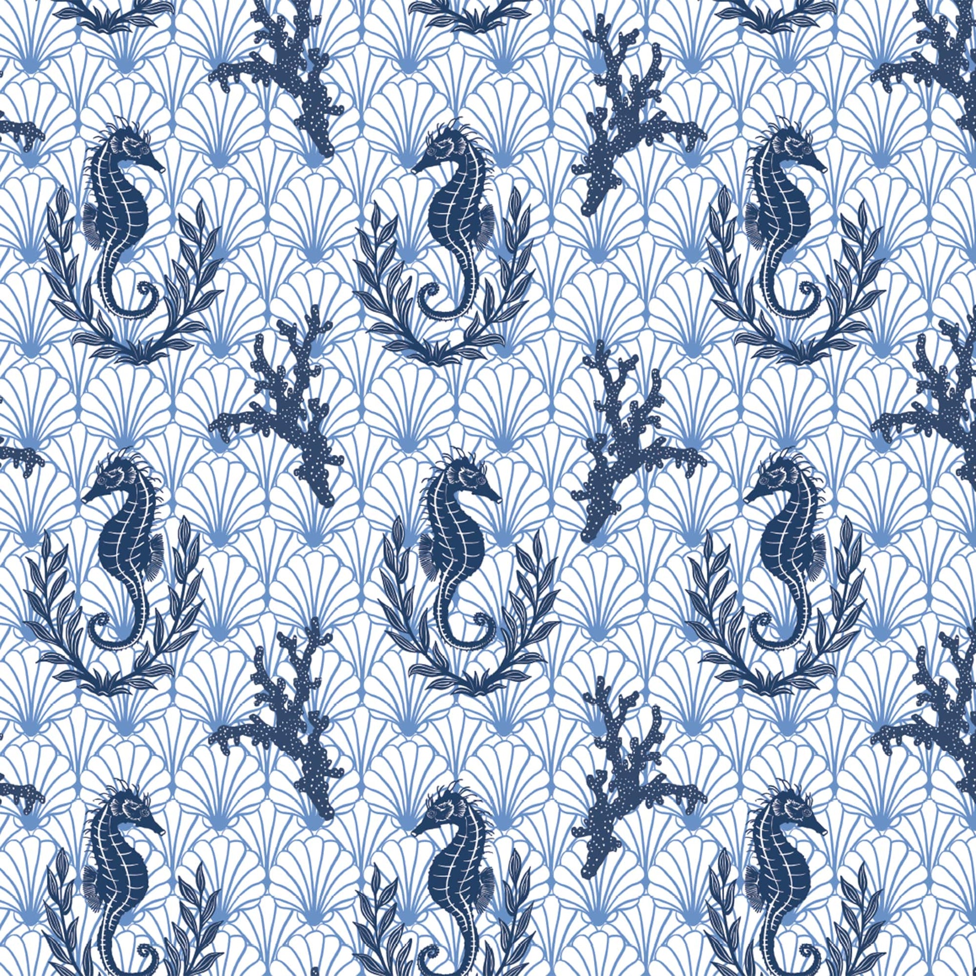 Pattern of blue seahorses and seaweed on a white background