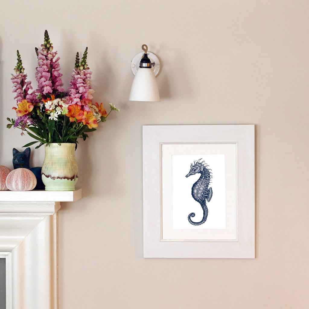 Blue & White Seahorse Art Print – Mounted in 3 Sizes