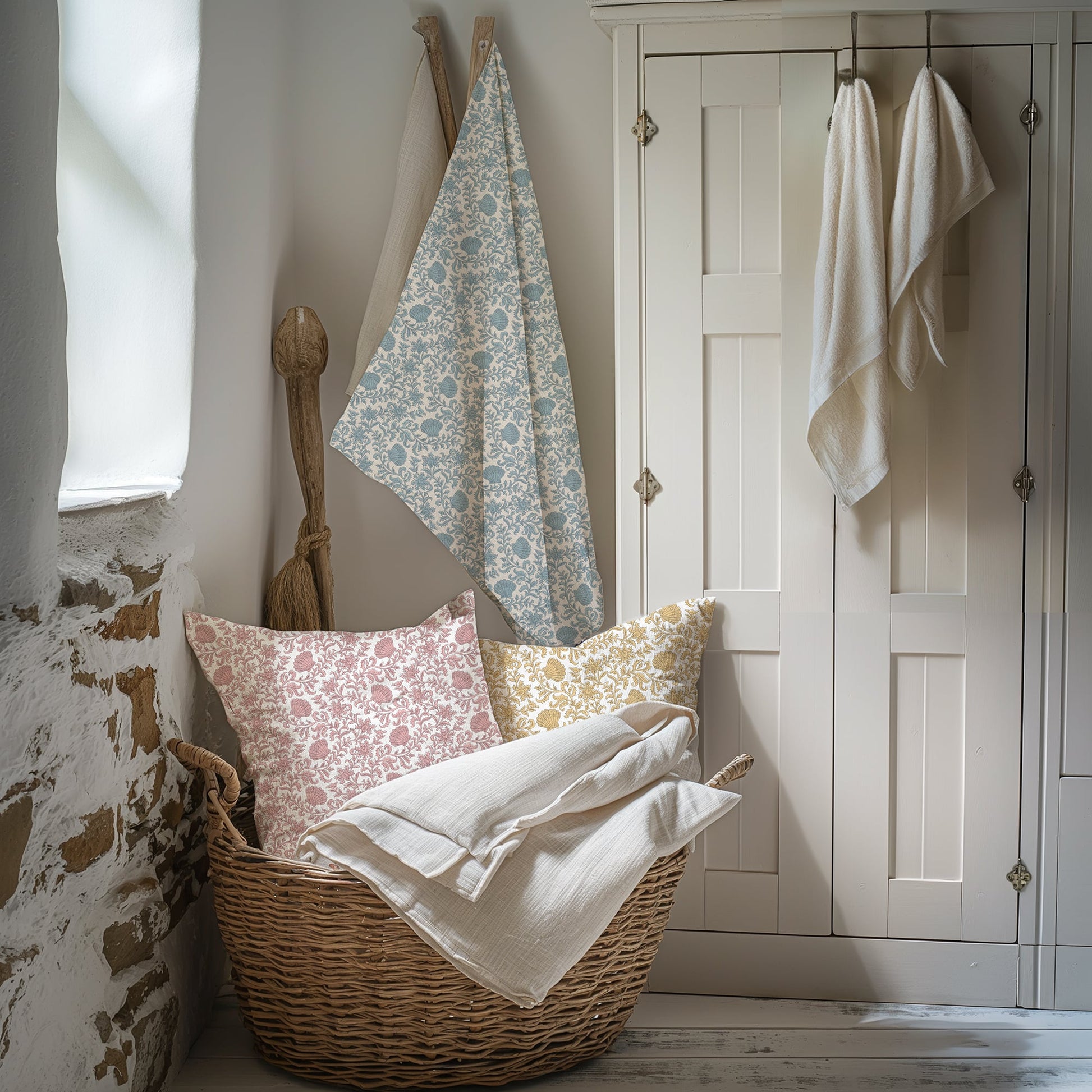 A cozy interior corner featuring a woven basket filled with soft cream bedding and two decorative cushions—one in blush pink and the other in golden yellow, both with a delicate seashell floral pattern. A matching pale blue patterned fabric hangs from a wooden peg on the wall. The setting includes a rustic stone wall, white wooden cabinetry, and hanging cream towels, creating a warm, serene atmosphere.