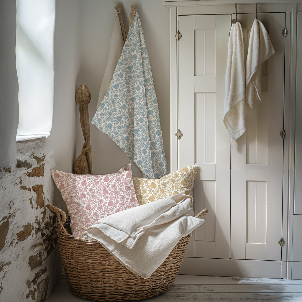 A cozy interior corner featuring a woven basket filled with soft cream bedding and two decorative cushions—one in blush pink and the other in golden yellow, both with a delicate seashell floral pattern. A matching pale blue patterned fabric hangs from a wooden peg on the wall. The setting includes a rustic stone wall, white wooden cabinetry, and hanging cream towels, creating a warm, serene atmosphere.