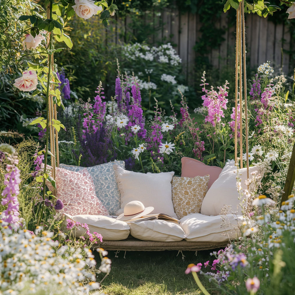 A serene garden scene featuring a rope-hung cushioned swing seat surrounded by blooming flowers in pink, purple, and white. The seat is adorned with a mix of plain and patterned cushions in soft hues of blush pink, sky blue, golden yellow, and cream. A straw sun hat and an open book rest on the seat, enhancing the tranquil, inviting atmosphere.