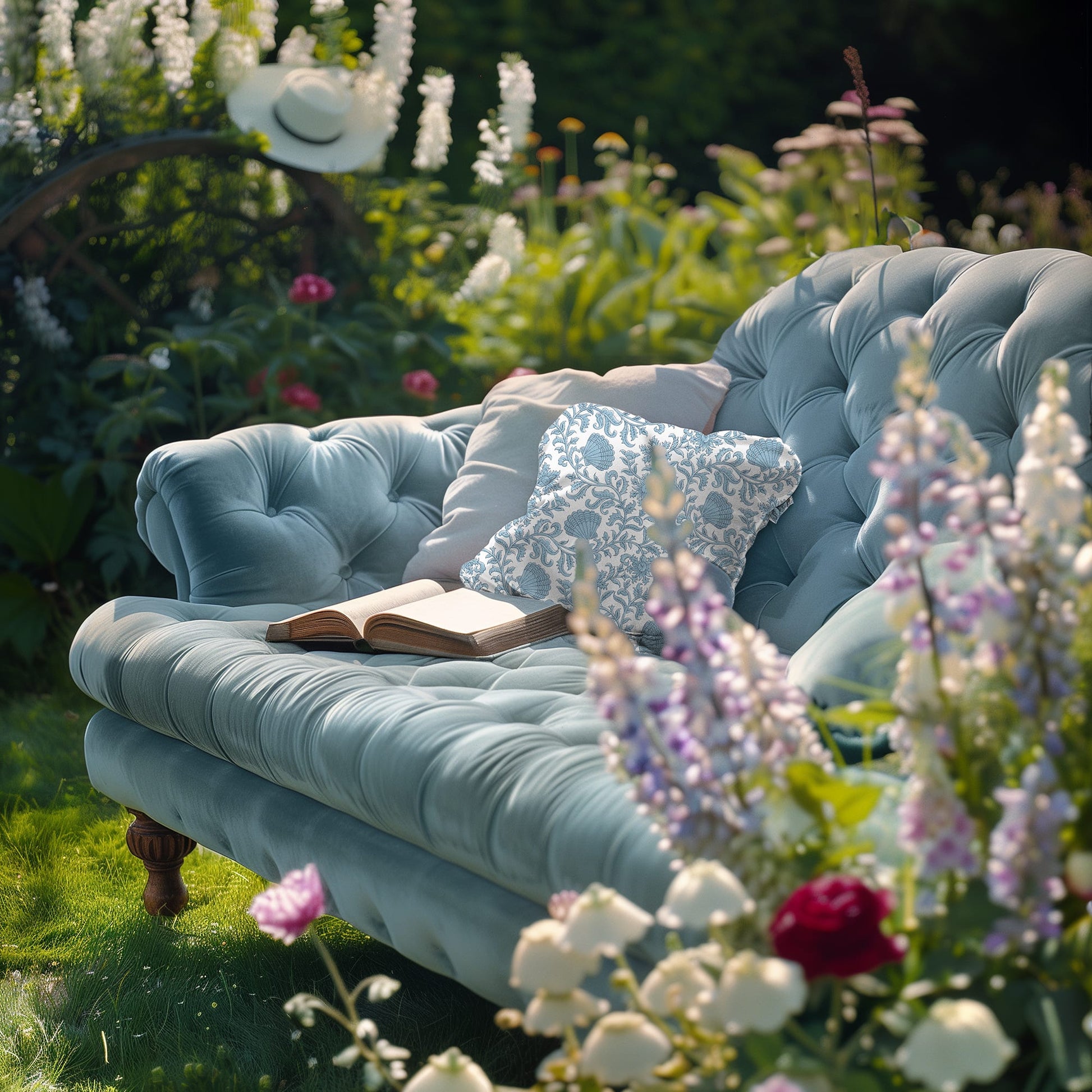 A serene garden scene featuring a pale blue tufted velvet sofa placed on lush green grass, surrounded by blooming flowers in soft pinks, purples, and whites. Resting on the sofa is a cushion with a blue and white floral and seashell pattern, alongside a book left open, inviting relaxation. A white sun hat hangs from a rustic wooden wheel in the background, enhancing the tranquil and idyllic setting.