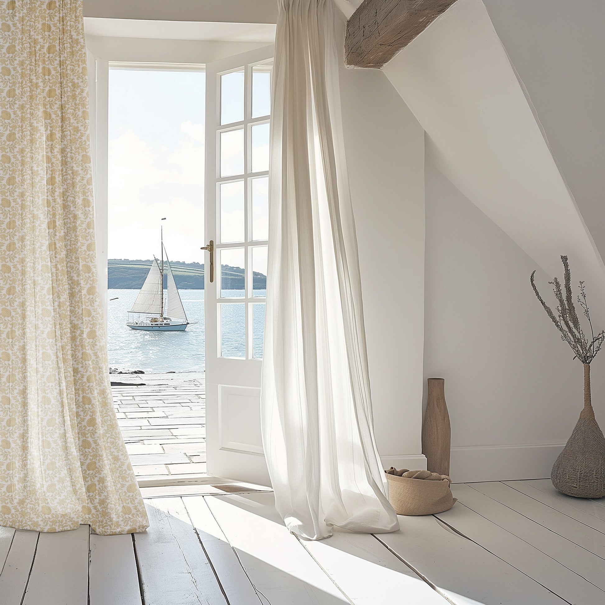 A serene coastal interior with sheer white curtains and soft yellow floral-patterned drapes framing a glass-paneled door that opens onto a sunlit patio. Beyond the door, a sailboat glides across a calm blue sea under a clear sky. The white wooden floor and neutral-toned decor, including a woven basket and tall vase with dried branches, enhance the airy, peaceful ambiance.