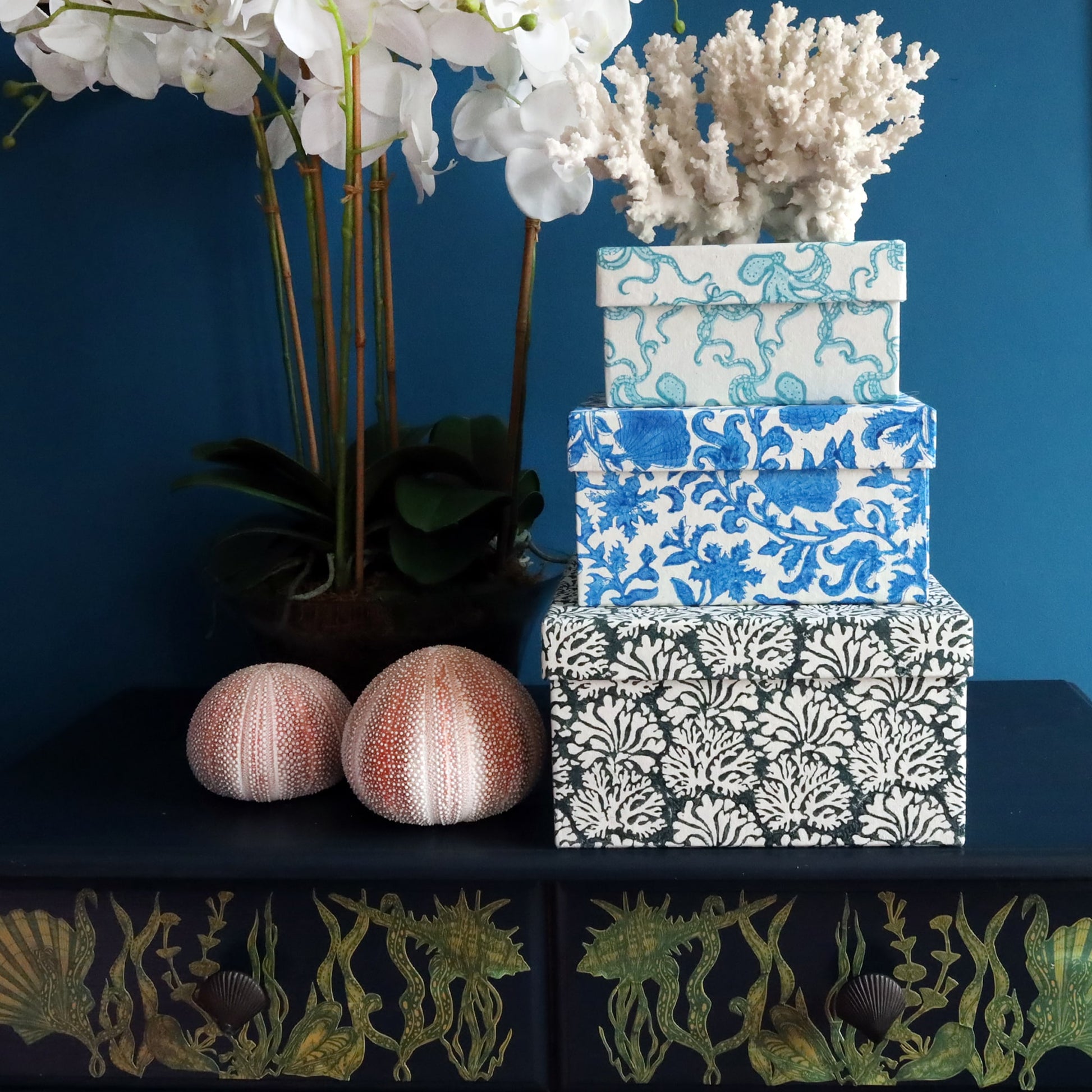 Set Of Three Square Hand Blocked Boxes