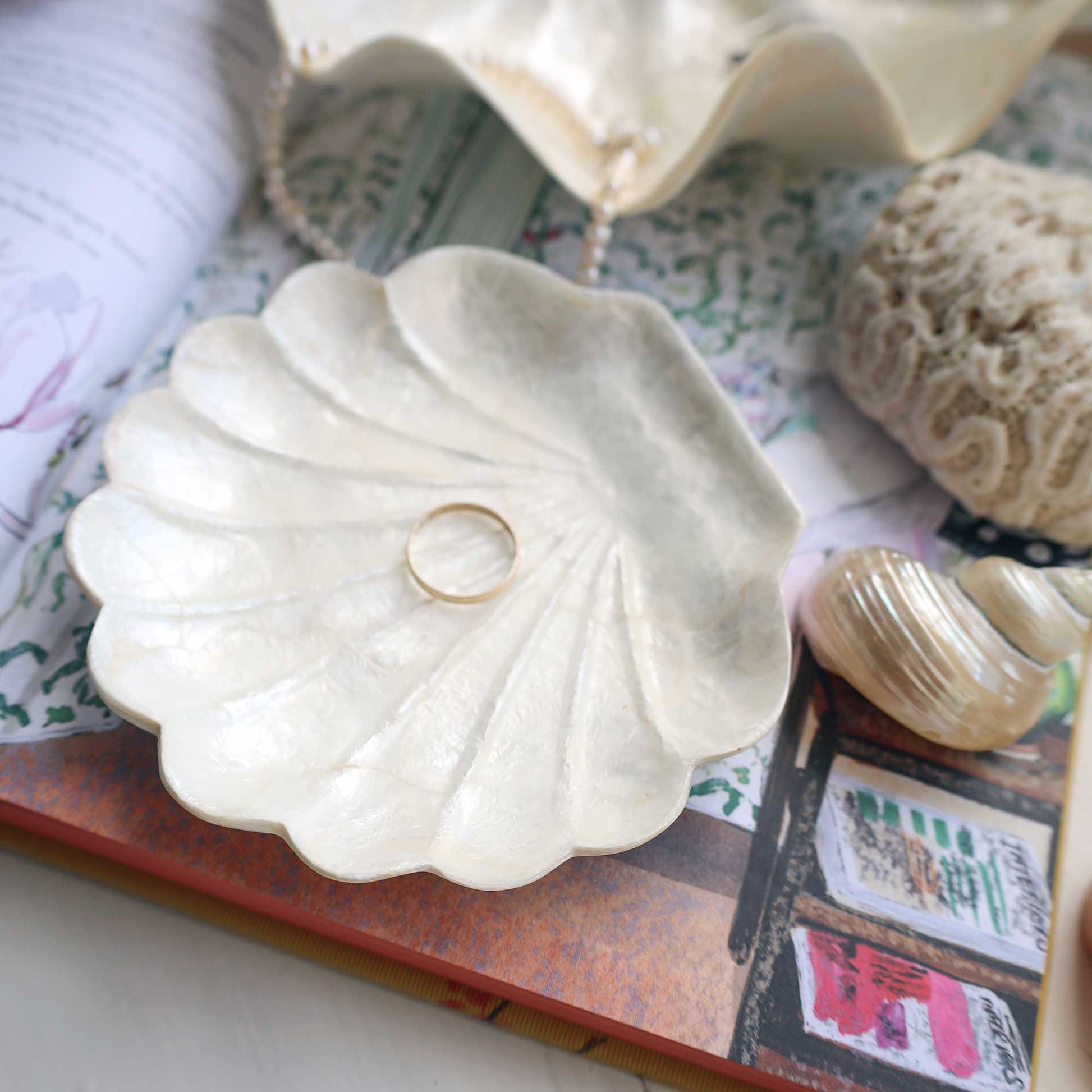 A scalloped shell-shaped jewelry display tray holding a gold ring, styled on top of a book with other seashell-like decor around it.