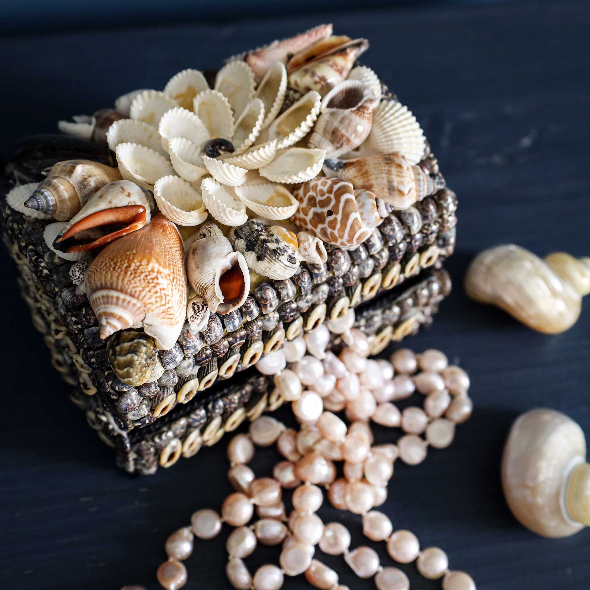 A decorative rectangular box covered with assorted seashells and shell pieces, arranged on a dark blue surface with loose shells and pearls scattered in front.