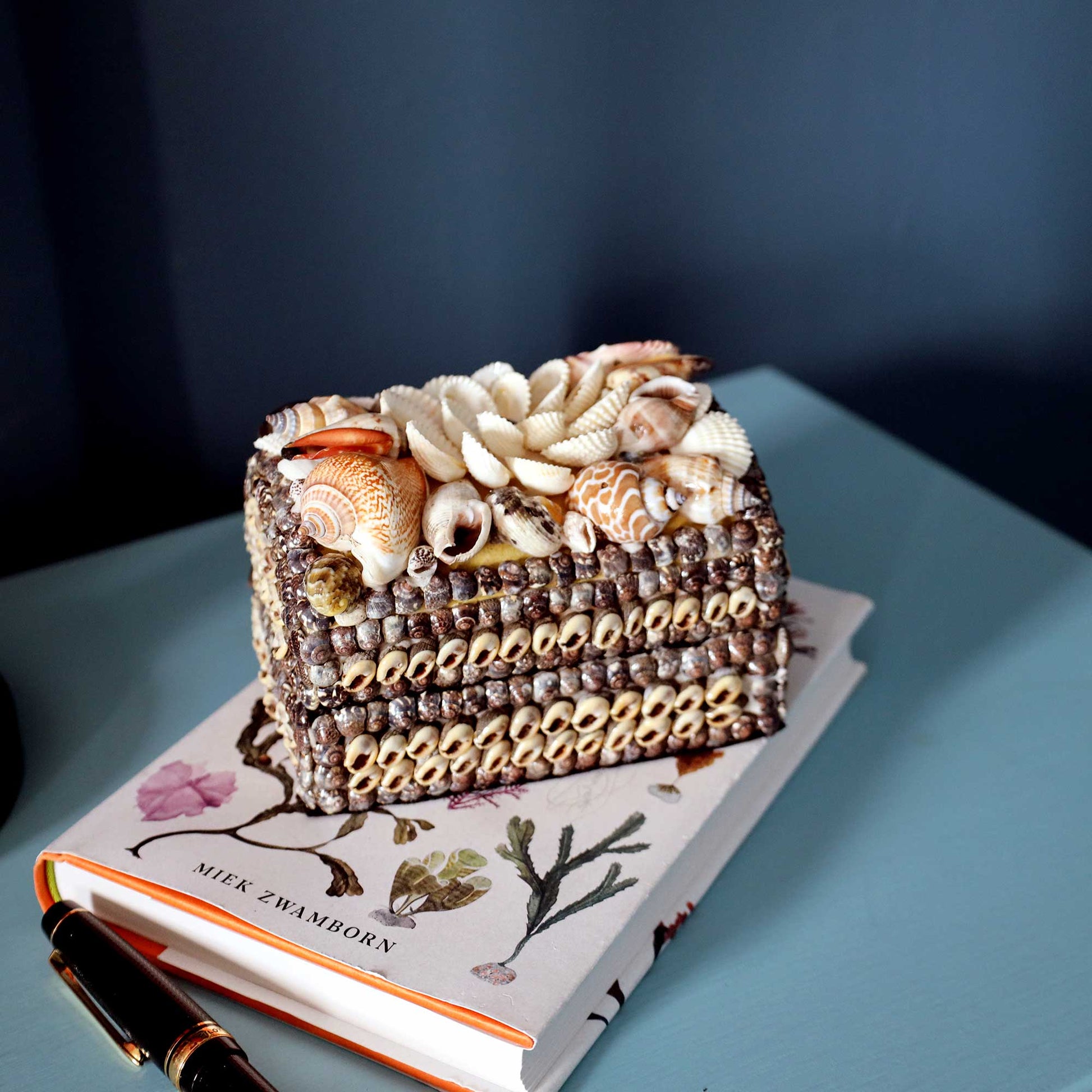 A rectangular box or container covered in small shells and topped with larger seashells, resting on a decorative book with a pen nearby against a blue background.