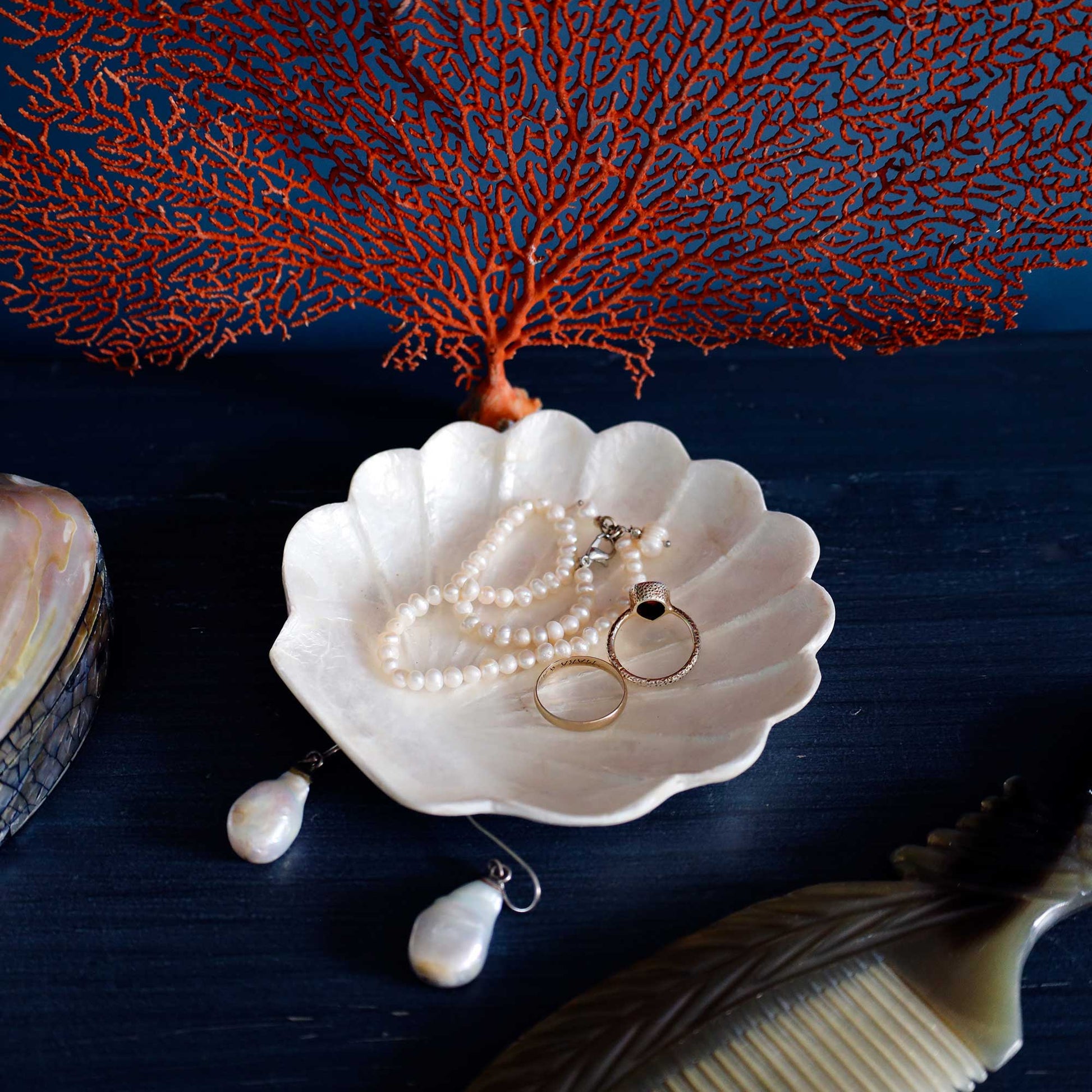 A white scalloped shell-shaped jewelry tray holding pearl strands and rings, styled on a dark blue surface with coral, earrings, and shells around it.