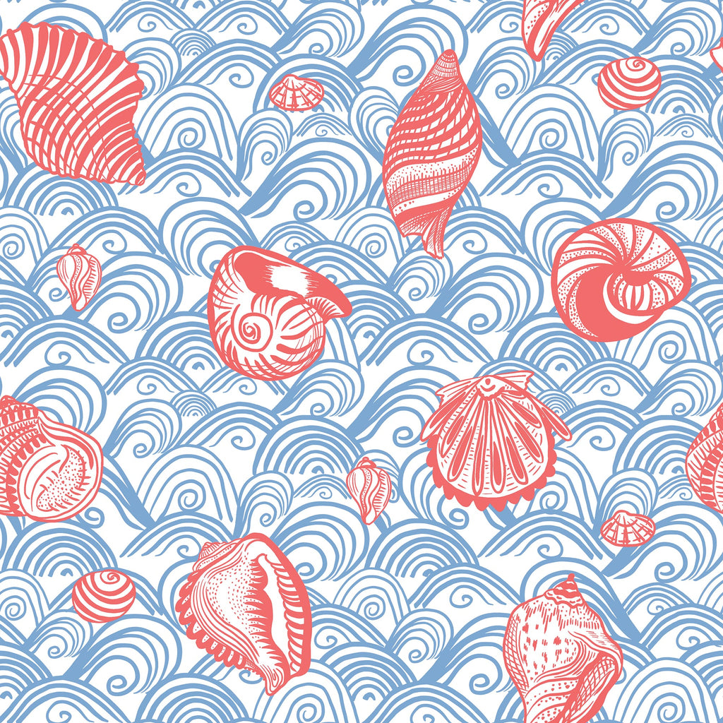 Pattern of coral seashells on a blue wave background