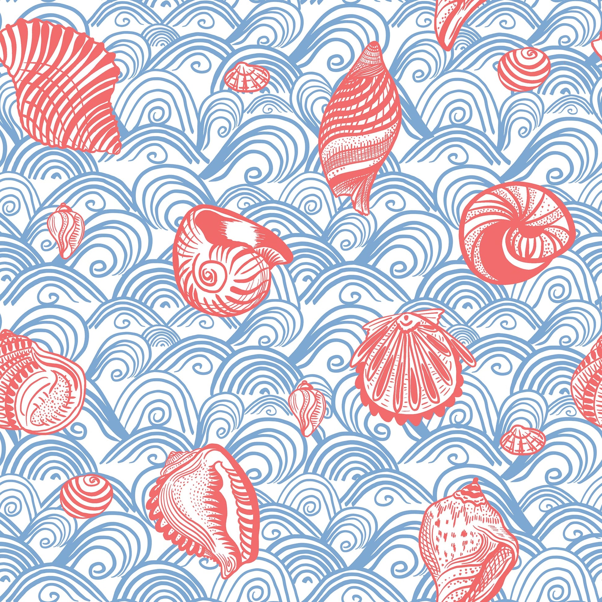 Pattern of coral seashells on a blue wave background