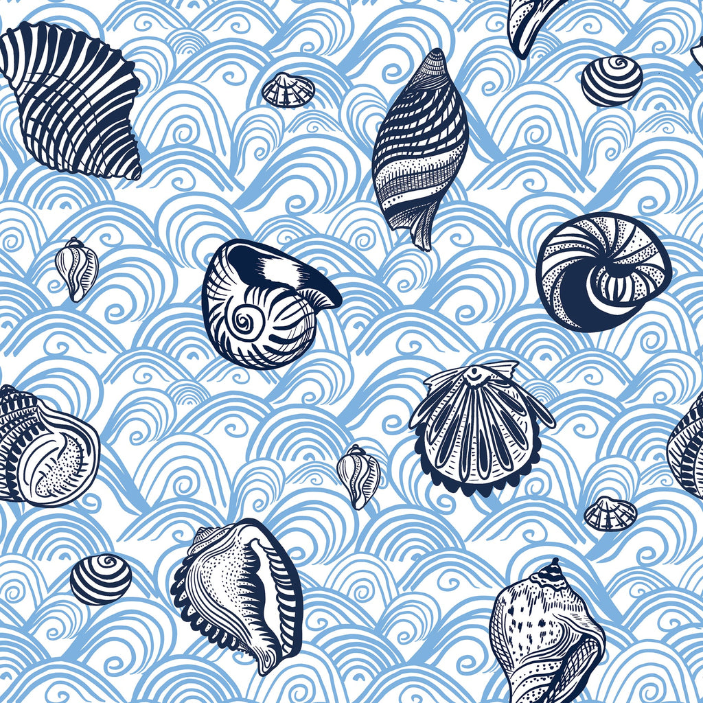 Pattern of blue and white shells on a wave background