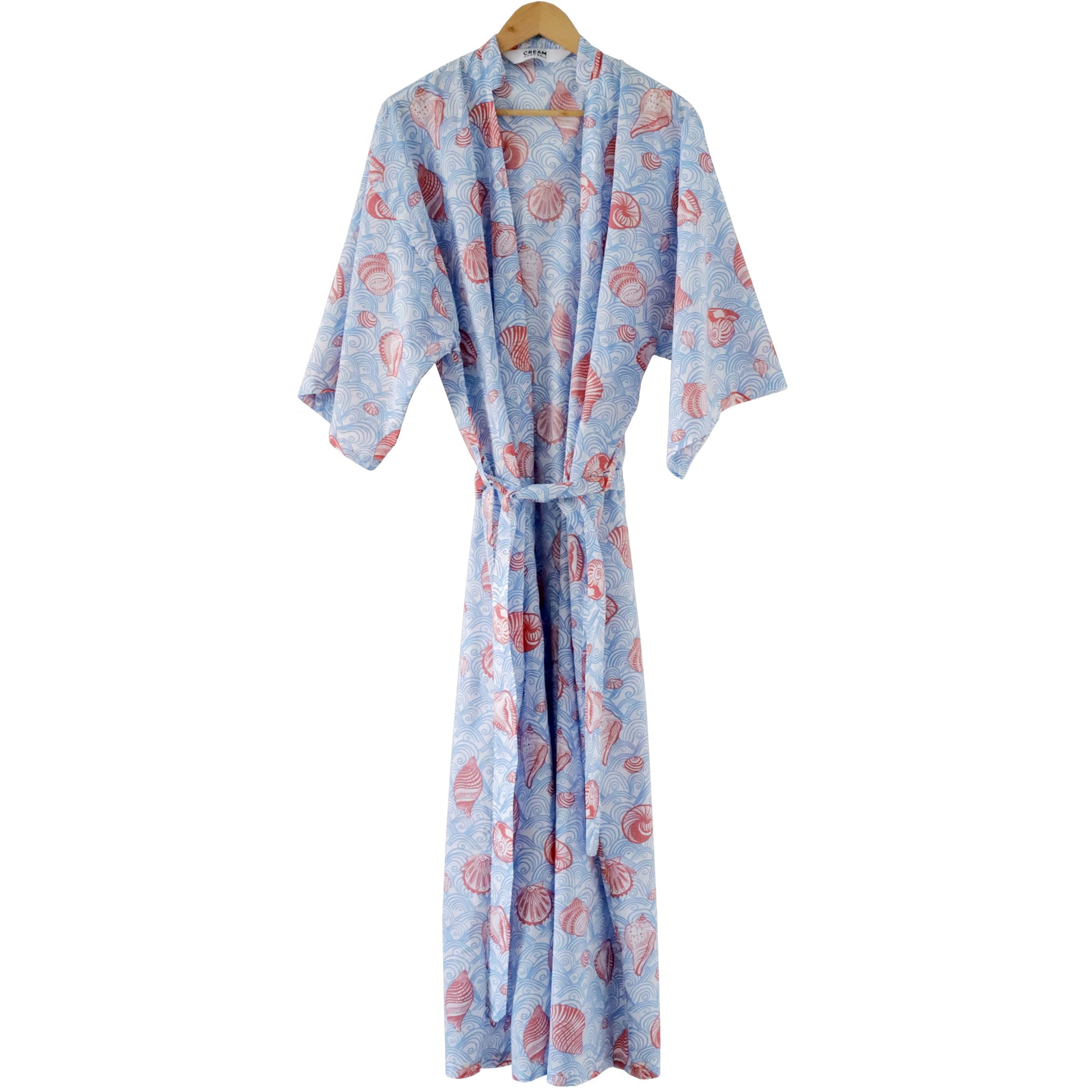 Light blue kimono-style robe with pink floral pattern on a white background