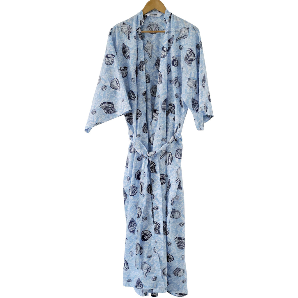Light blue kimono-style dressing gown with navy shell pattern on a white background