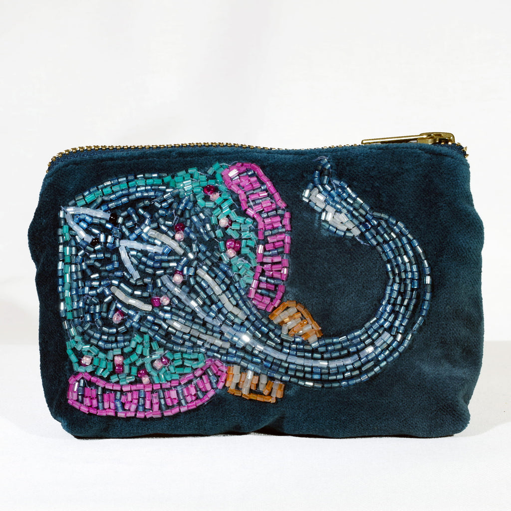 Beaded pouch with elephant design on a white background