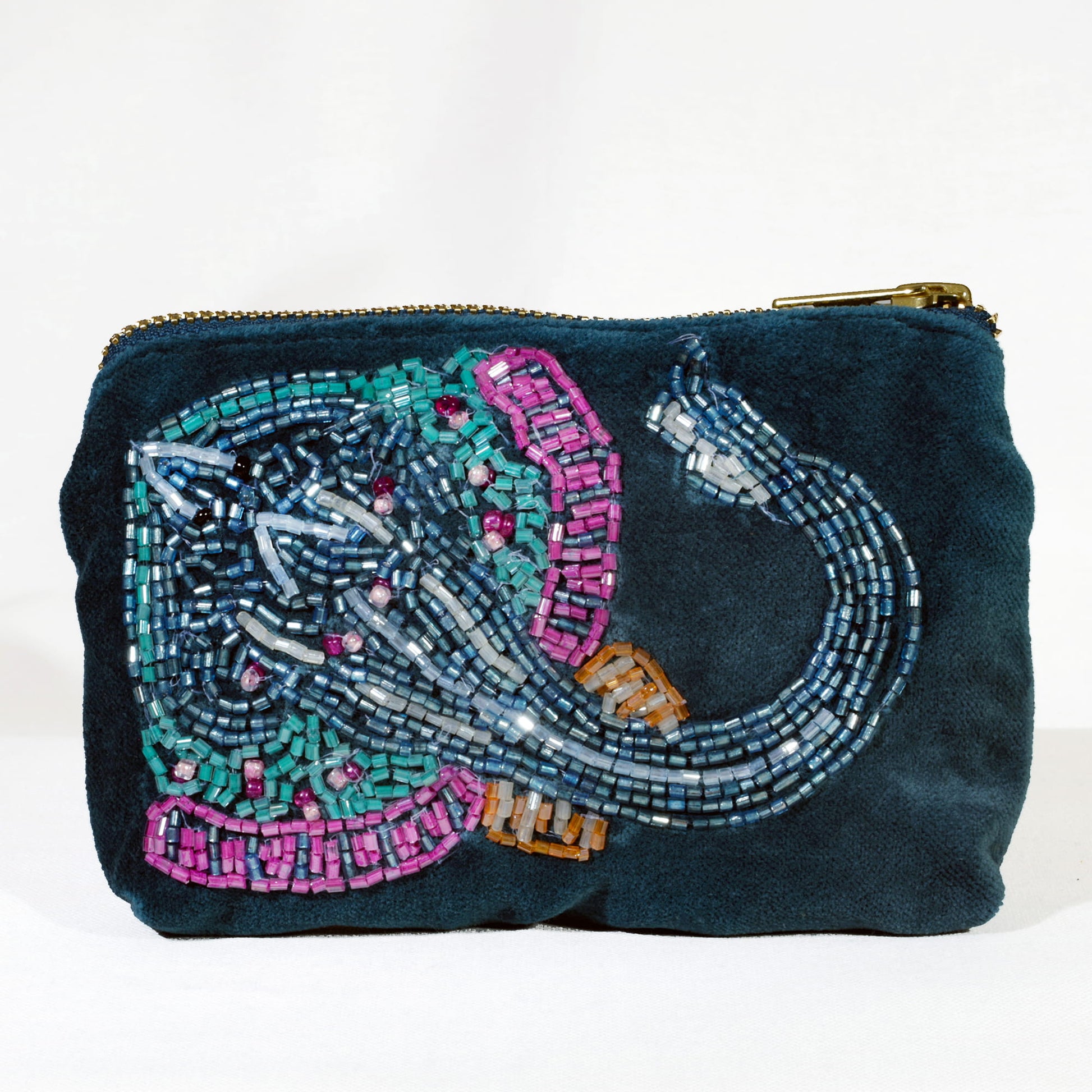 Beaded pouch with elephant design on a white background