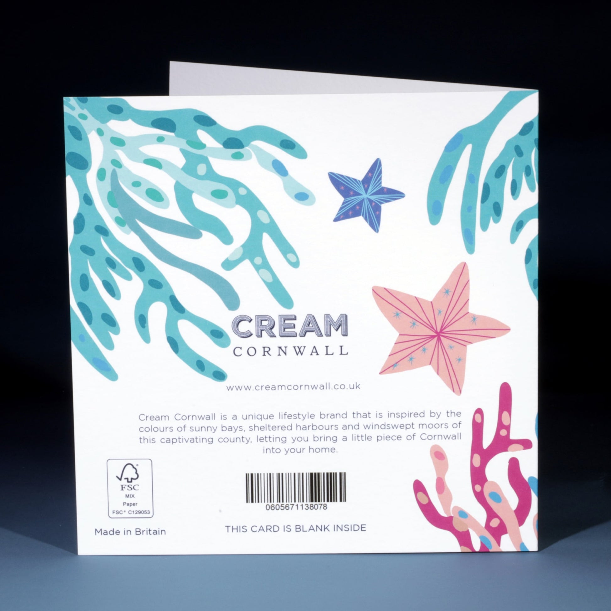 Back of a greeting card from Cream Cornwall, featuring colorful illustrations of seaweed and starfish in shades of teal, blue, pink, and coral. The card includes branding, a barcode, and a message describing the inspiration behind the brand, stating that the card is blank inside.