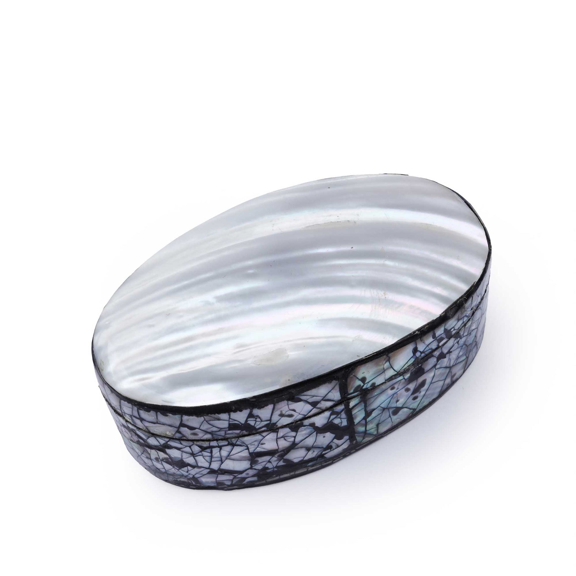 An oval-shaped decorative box featuring a glossy, iridescent white mother-of-pearl inlay on the lid and a black crackled mosaic border with subtle blue-green iridescence along the base, shown on a plain white background.