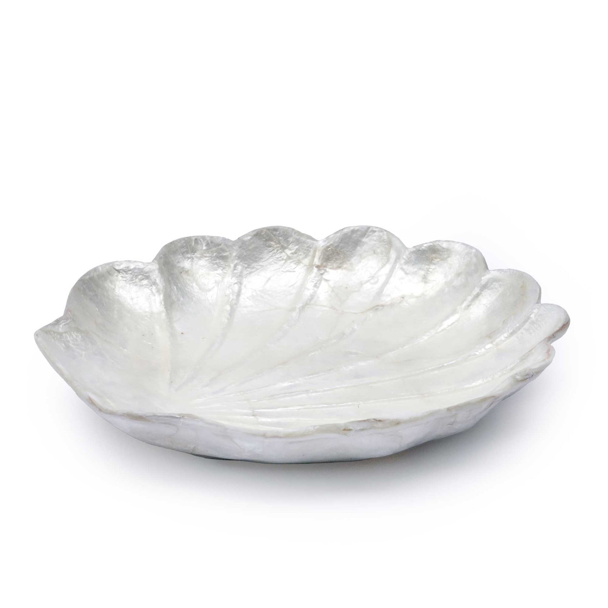 A small, shallow dish with a scalloped, leaf-like edge and a textured, metallic silver finish, shown on a plain white background.