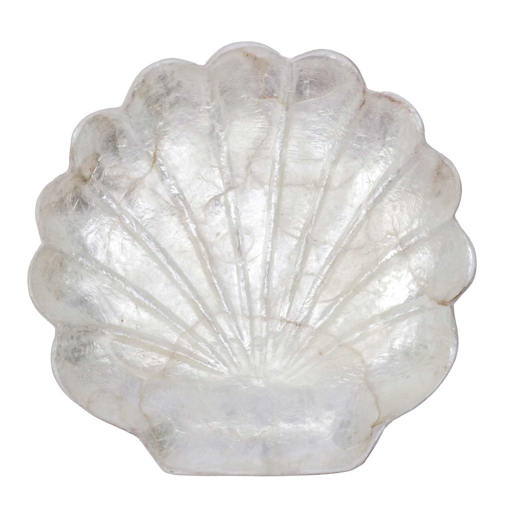 A scallop-shaped decorative tray or dish made from milky white mother-of-pearl with natural iridescent sheen and subtle gray-brown veining, shown on a plain white background.