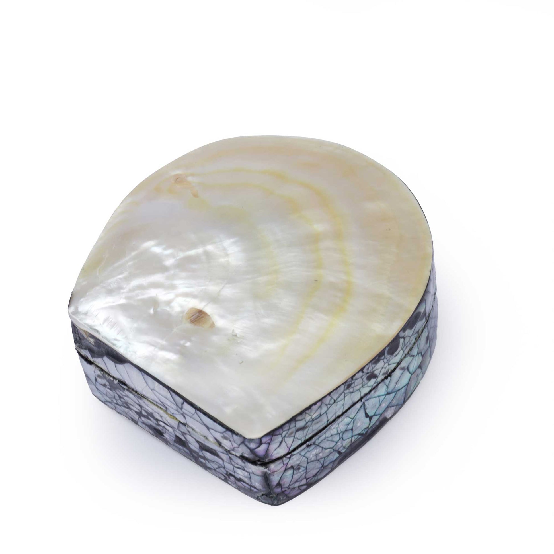 A small decorative box with a pear-shaped mother-of-pearl lid and a dark patterned base, photographed on a clean white background.