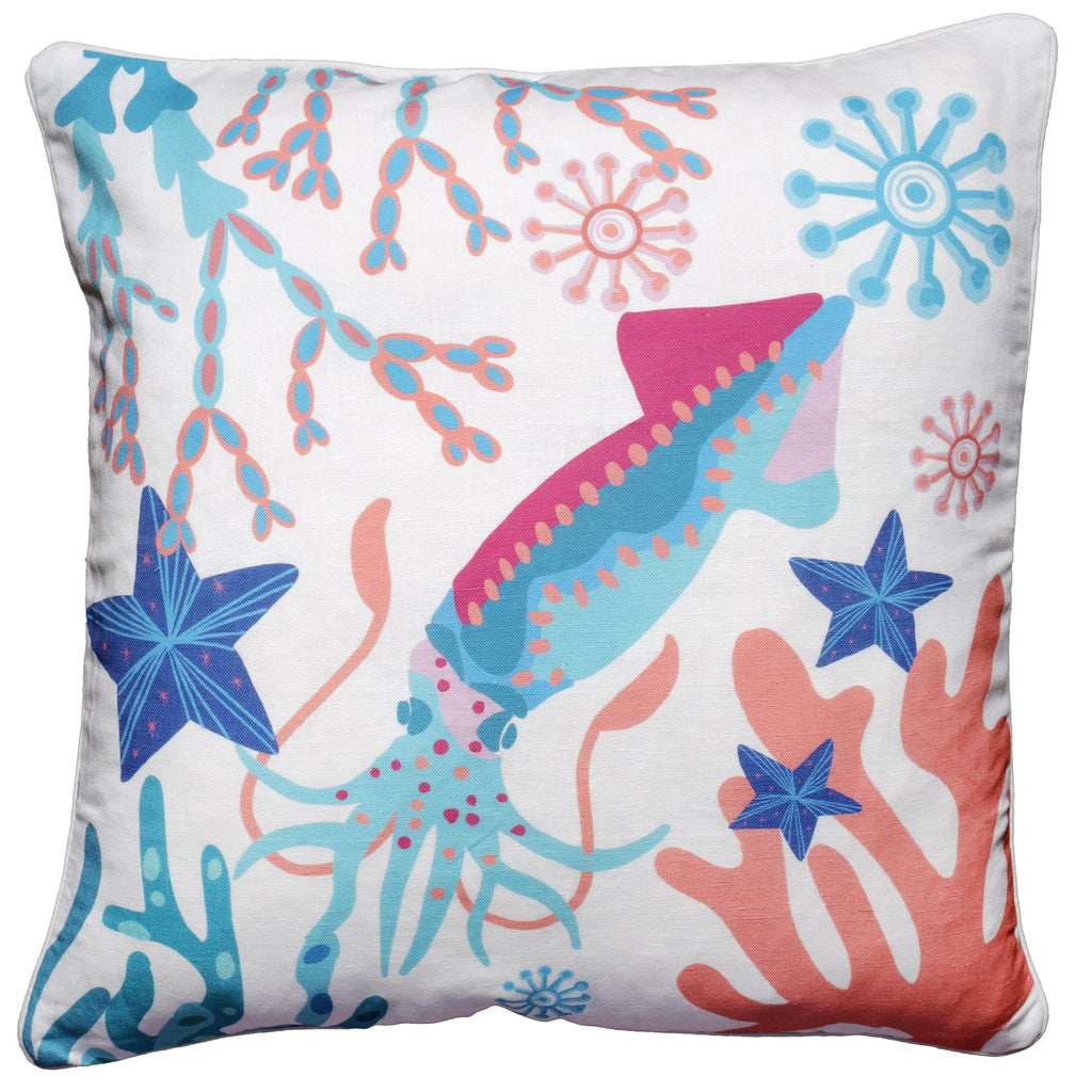 Square cushion featuring a vibrant underwater-themed design with a colorful squid surrounded by coral, seaweed, starfish, and sea anemones. The color palette includes shades of turquoise, pink, and blue on a white background, creating a playful and whimsical marine aesthetic.